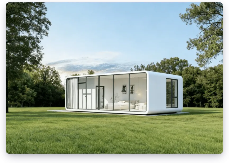 Finished modular unit on landscaped lawn
