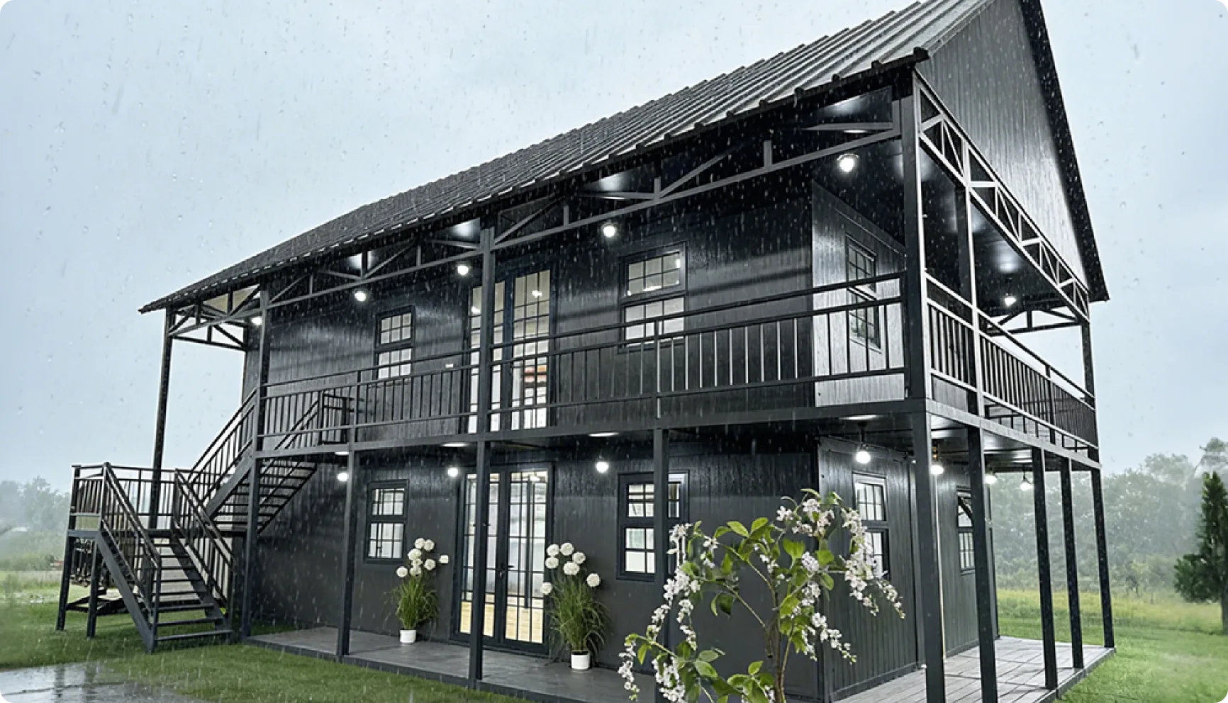 Custom modular building project showcase with steel frame facade